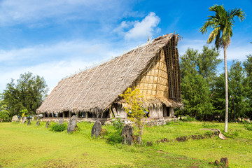 Fototapeta na wymiar Traditional thatched yapese men's meeting house called faluw or fale and a bank of historic megalithic stone money rai in front of it. A high coconut palm. Yap island, Micronesia, Oceania