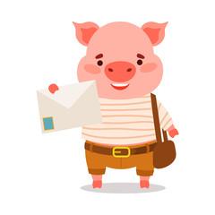 Fototapeta premium Cute pink piglet postman in striped t-shirt holding mail letter. Vector illustration isolated on white background