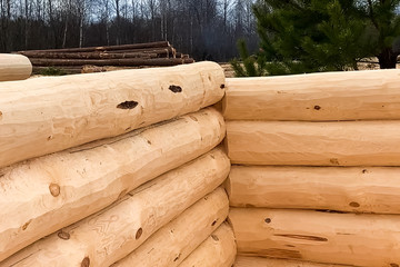 Drying and assembly of wooden log house at a construction base.