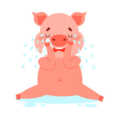 Cute pink piglet character crying sitting in tears. Vector illustration isolated on white background