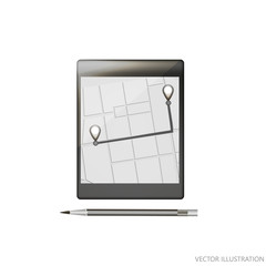 Mobile GPS navigation. Phone map application and points on screen. App search map navigation. Isolated online maps on screen tablet. Vector Illustration in black and white colors.