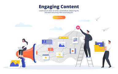 Engaging content business concept. Blogging, SMM, media planning, promotion in social network concept. Creating, marketing and sharing of digital - flat vector illustration.