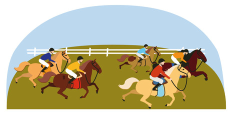 Equestrian, derby sport flat hand drawn color illustration. Stallion. Equestrianism. Racehorse hand drawn clipart. Horse racing competition.Professional jockeys, riders. Hippodrome, isolated. Vector