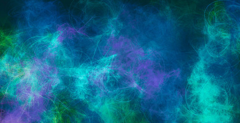 Digital drawing background.  Variety stains of paint in blue, green and purple tones. Futuristic pattern. Abstract artwork.