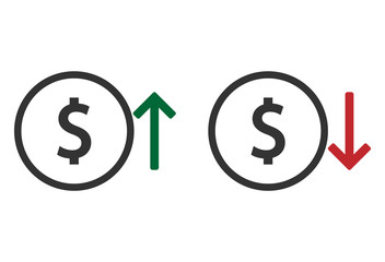 Up and Down arrows with dollar sign in flat icon set design on white color background. Vector eps 10