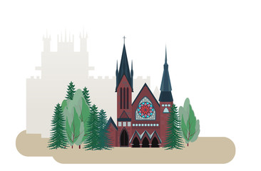 Catholic Church in Gothic style on the background of the silhouette of an old castle. Vector illustration. Isolated on a white background.