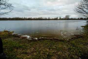autumn river with flooded shore