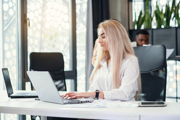 Fototapeta premium Pretty purposeful young female office manager entering datas from financial report to laptop in the modern office