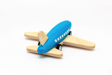 Blue Wooden Airplane Isolated on White Background. Perfect for a baby boy toy concept.