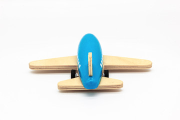 Blue Wooden Airplane Isolated on White Background. Perfect for a baby boy toy concept.