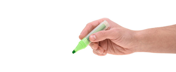 hand with green marker isolated on white