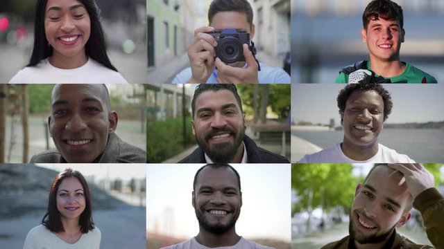 Cheerful diverse people smiling at camera. Split screen collage of cheerful multiethnic people posing and looking at camera. Facial expression concept