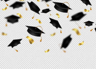 Flying graduation caps with confetti. Academic hats in air with golden ribbons. Vector background for college school, university, education.