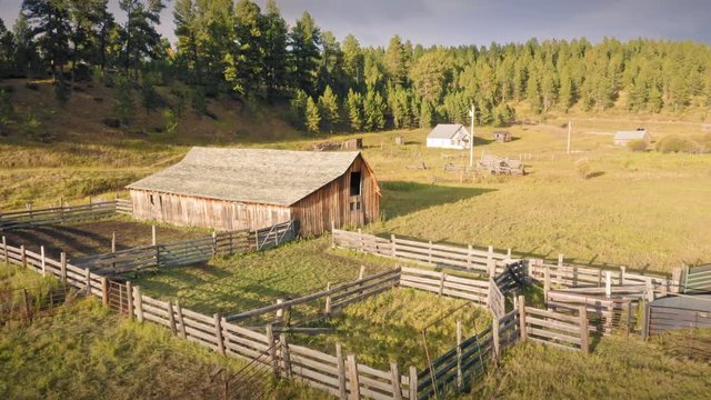 Aerial Of Old Abandoned Western Barn On A Ranch In South Dakota, USA