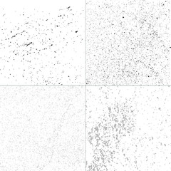 Black and white dust, sand, paint drops or noise grainy overlay background set of four. Dust collection. Vector illustration.