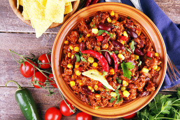 Hot chili con carne. mexican food tasty and spicy wit beans