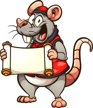 Chinese Rat Wearing Traditional Clothes And Holding A Blank Scroll Cartoon. Vector Clip Art Illustration With Simple Gradients. All In A Single Layer.