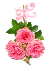 Bouquet of pink rose flowers with bow isolated on white background. Wedding card, bride. Greeting. Summer. Spring. Flat lay, top view. Love. Valentine's Day