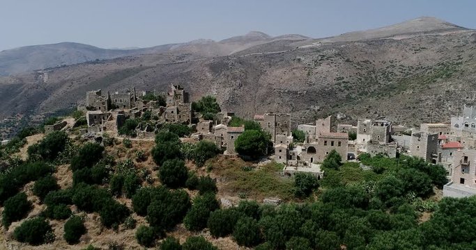 Aerial view the Vathia the impressive traditional village of Mani with the characteristic tower houses. Lakonia Peloponnese