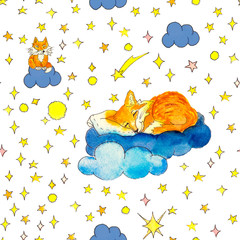 Cute sleeping foxes, clouds and stars (isolated watercolor seamless pattern on white background)