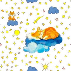 Deurstickers Slapende dieren Schattige slapende vossen, wolken en sterren (geïsoleerde aquarel naadloze patroon op witte achtergrond)
