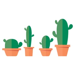 Foto op Plexiglas Cactus in pot Friendly cactus set van vier verschillende cactussen in oranje potten met armen zonder spikes. Platte ontwerp illustratie