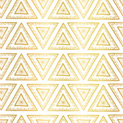 Gold foil triangles seamless vector background. Boho style pattern hand drawn tribal ethnic motifs. Geometric repeating background. Triangle shape repeat tile for elegant packaging, surface design