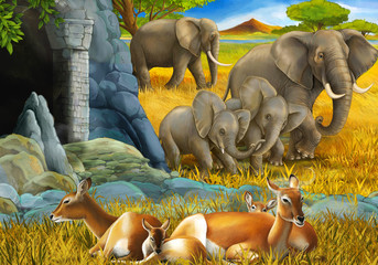 cartoon safari scene with family of antelopes and elephant on the meadow illustration for children