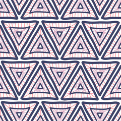 Seamless triangle background. Hand drawn Boho style pink and blue triangles repeating vector pattern. Ethnic tribal backdrop. Geometric shapes repeat tile for fabric, wallpaper, packaging