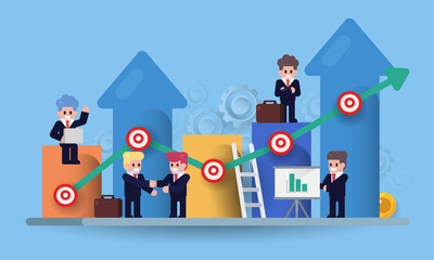 Business man community concept with growing business graph. Flat vector illustration