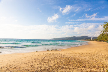 Panoramic picture of empty Kamala beach on Phuket in Thailand in summer