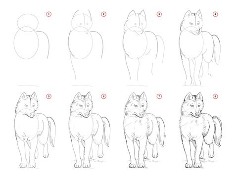 How to draw sketch of imaginary cute husky dog. Creation step by step pencil drawing. Education for artists. Textbook for developing artistic skills. Hand-drawn vector on computer by graphic tablet.