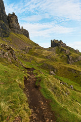 Hiking in the Quiraing mountains on the Isle of Skye in Scotland