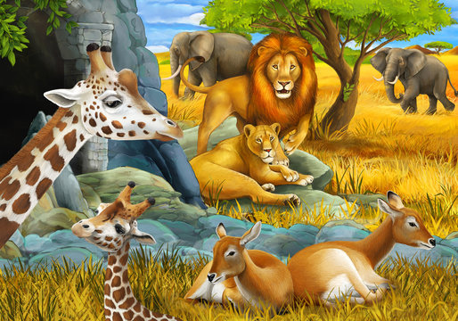 cartoon scene with safari animals giraffe and elephant on the meadow illustration for children