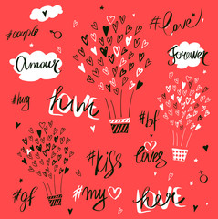 Valentine day. Happy spring  party. Love you. Xoxo. Romantic collection. Quote, text, hashtag, tag. Template for party invitation, banner, flyer, postcard.Sketch vector illustration.