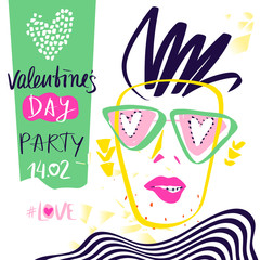 Valentine day spring hipster party. Abstract face. Sketch vector illustration.Template for party invitation, banner, flyer, postcard, greeting card, gift, poster