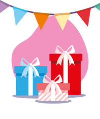 Gifts with bowties with banner pennant vector design