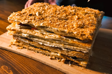 Puff pastry pie with cream and strawberry fruit