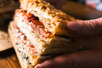 Puff pastry pie with cream and strawberry fruit