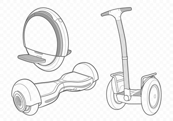 Mono wheel, gyro skooter, overboard and bike in vector illustration. Outline sketch of electric scooter. © Raman