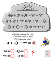 Mathematical logic puzzle game for children and adults. Find the number for each of ancient magical signs. Printable page for brain teaser book. Developing kids counting skills. IQ test. - obrazy, fototapety, plakaty