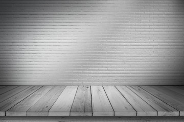 Empty wooden table top isolated on white brick white background, Design Wood terrace white. Free space for your copy and branding. Can be used as product display montage. Vintage style concept.