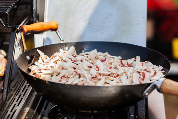 Chopped mushrooms on a metal pan