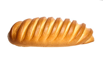 Bakery product. Baked whole bun isolated on white background. Loaf, white wheat bread, side view