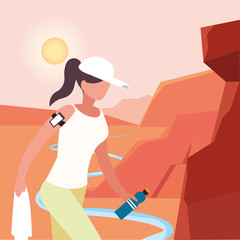 Hiker woman with smartphone and landscape vector design
