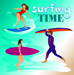 Set people are surfing. Bali, Indonesia and the beaches with big waves. Surfing time- lettering. Collection of cute funny people in swimwear surfing in sea or ocean. Bundle of happy surfers in beach