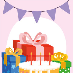 Happy birthday cake and gifts vector design