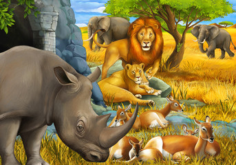 cartoon scene with rhino rhinoceros antelope lions and elephant on the meadow illustration for children
