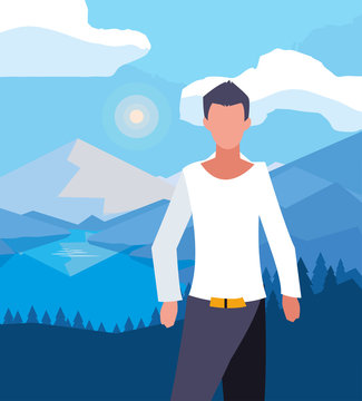 Avatar man in front of landscape vector design