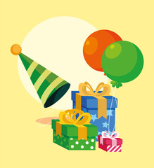 Happy birthday gifts hat and balloons vector design